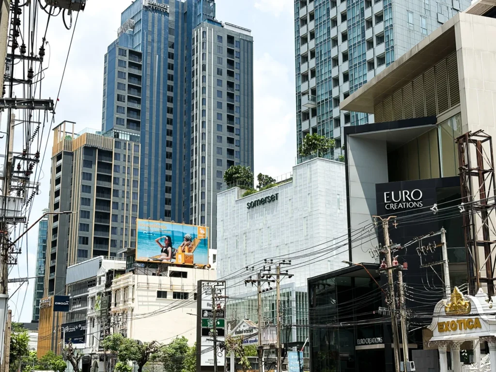The prestigious neighborhood or Thonglor, where modern lowrises and highrises coexist.