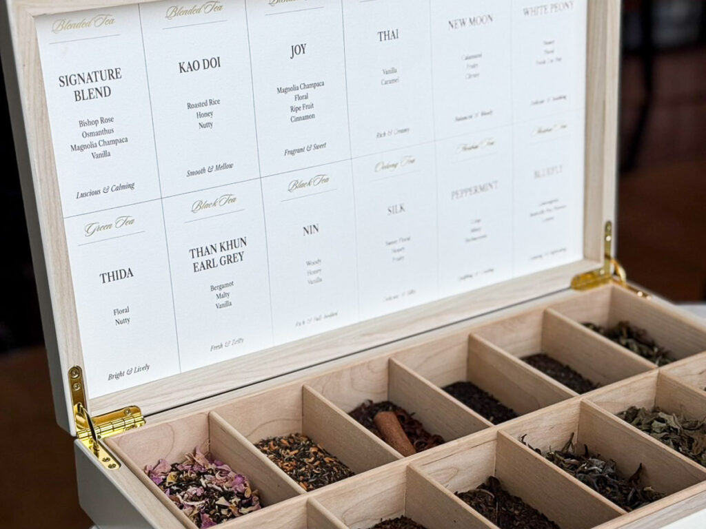 A tea selection presentation box at an afternoon tea in Ritz-Carlton Bangkok.