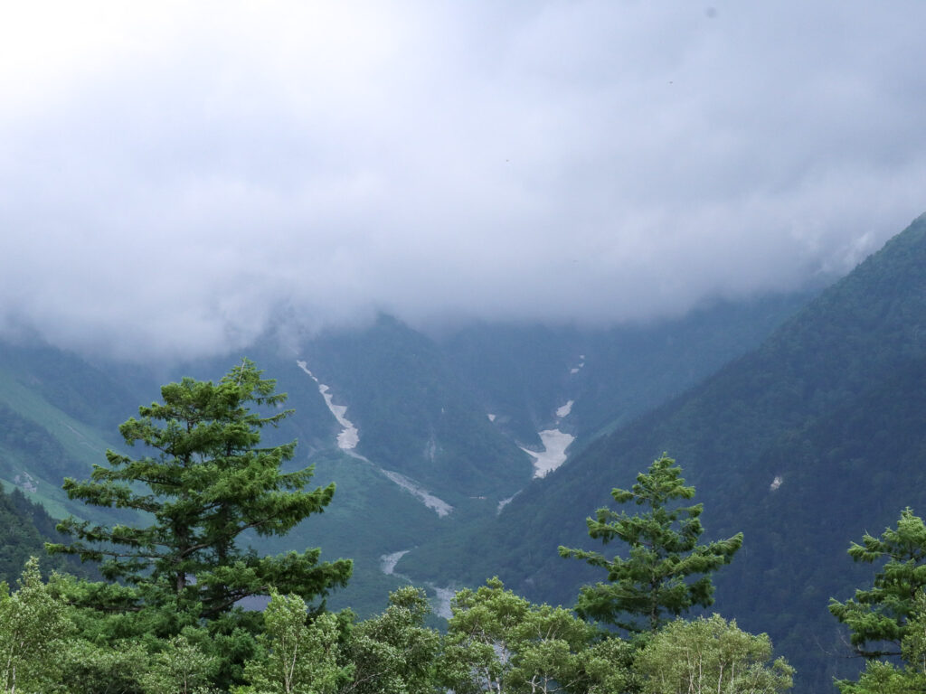 Cloudy view of Hotaka Mountain range and Azusa winding river, a calm, cold summer day.