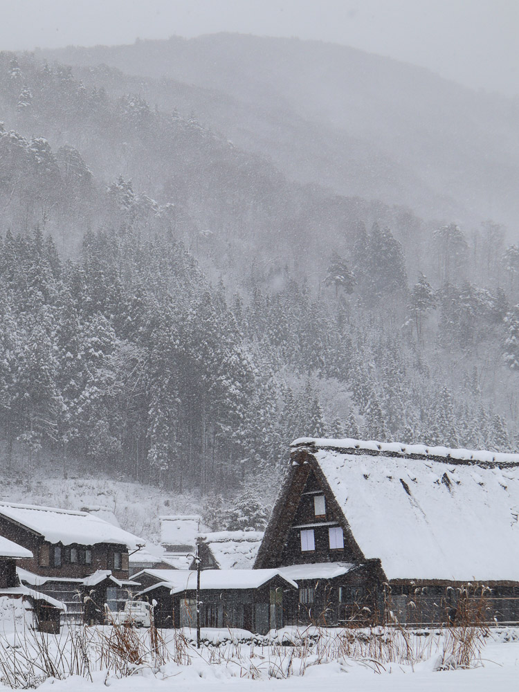 Shirakawa-go during a heavy snow fall. the whole village covered in white, and snow falling visible, creating a hazy view.