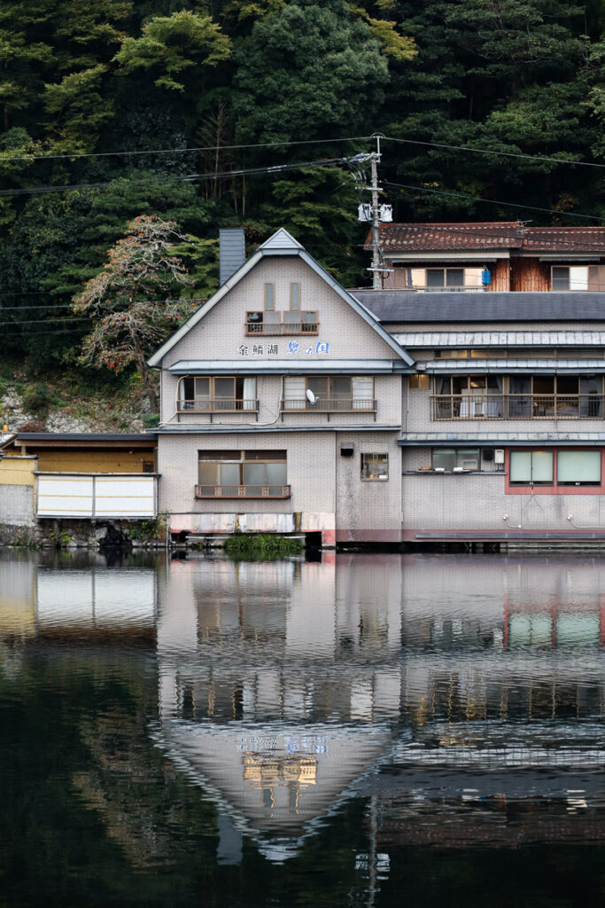 The reflective calm water at Lake Kirin, Yufuin. A relaxing evening at the resort town.