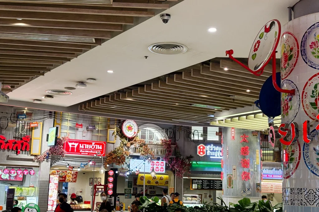 Indoor Food Court area at siam paragon design like a traditional streetfood buildings.