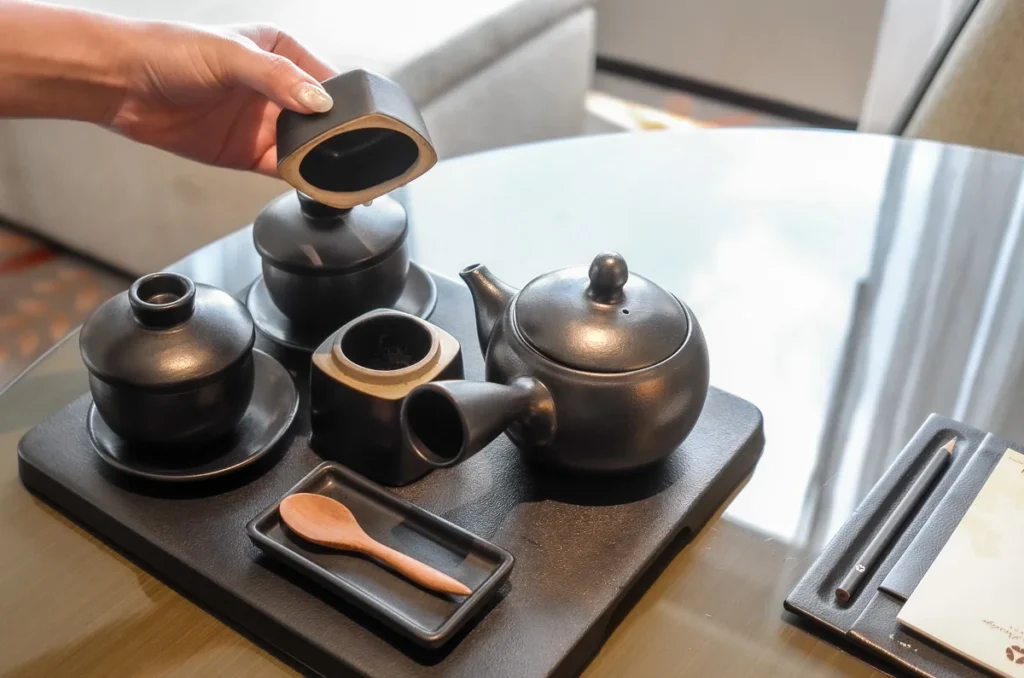 A thoughful detail of Japanese tea set at Okura Prestige Bangkok.