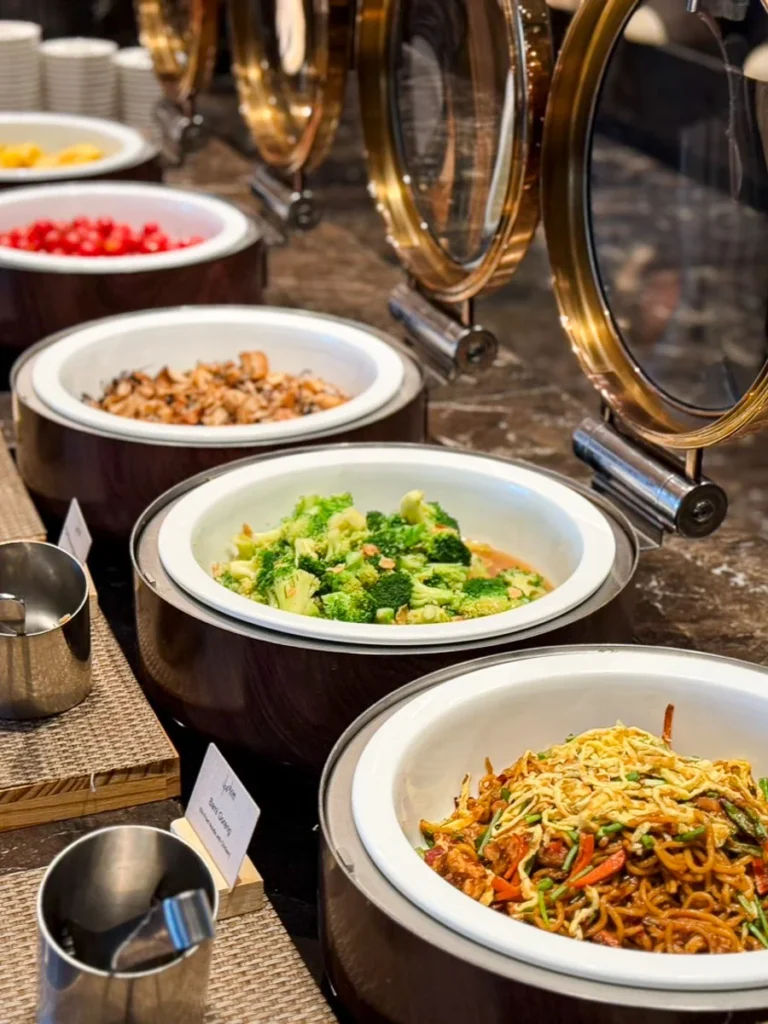 Buffet hot food, simple and fresh, at Okura's Up & Above hotel breakfast in Bangkok.