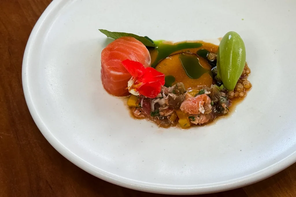 "HAMANA" a Ora king salmon starter dish at Ahi. Restaurant Auckland, a light and fresh way to start the meal.