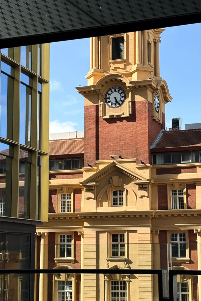 Downtown Terminal building in Auckland as the sun hit the front of the clock tower.