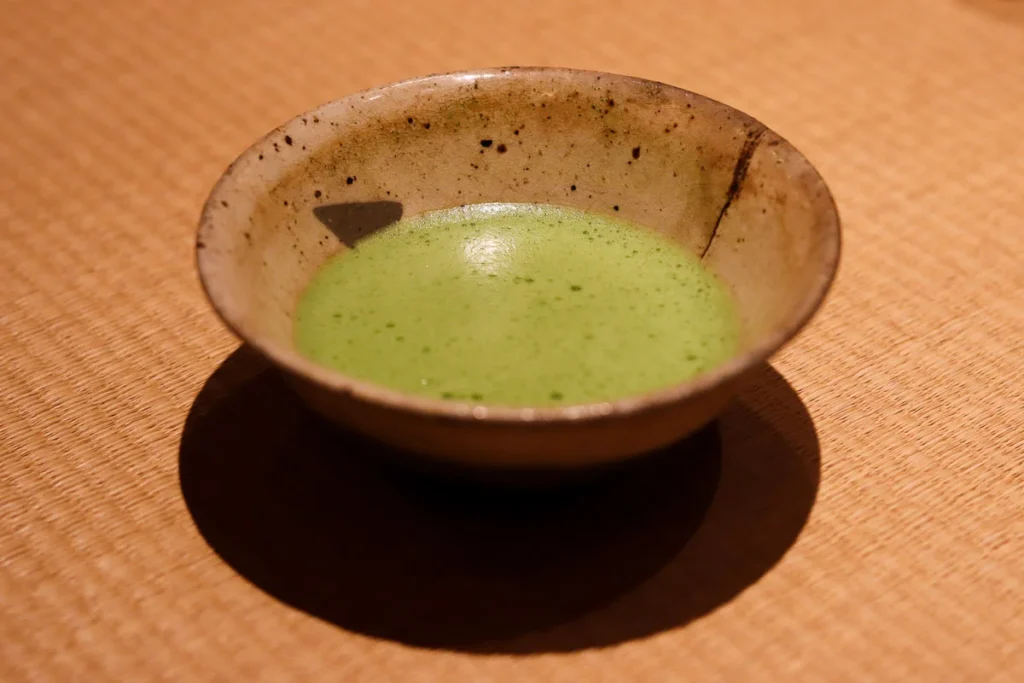 Traditionally whipped matcha at the end of a dinner course at Shorenin Monzeki-mae TSUKIOKA, Kyoto.
