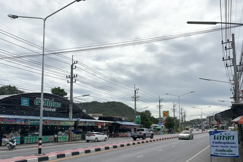 Hua Hin town's inner road way, a look into the local market and a small hill behind.