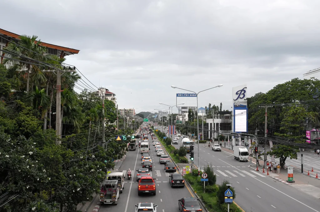The road in Hua Hin town center, heavier traffic flow.