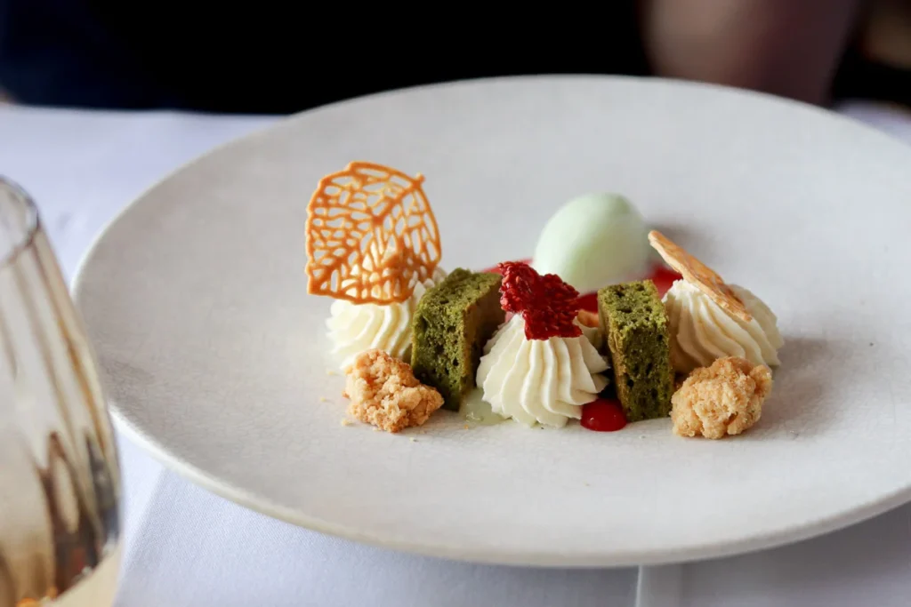 The "Matcha" sour based dessert at Mudbrick restaurant, an art on the plate.