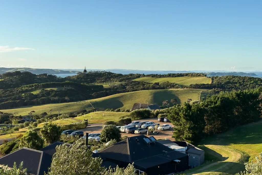 Mudbrick Vineyard and the hills of Waiheke, a scenic location for a wine tasting experience.