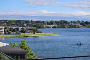 A quiet Lake Taupo on a sunny day, the perfect place to relax.