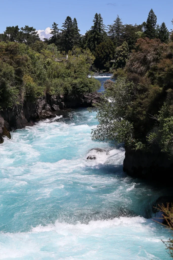 Huka Falls in Summer, a sunny day visiting the rapid near Lake Taupo.