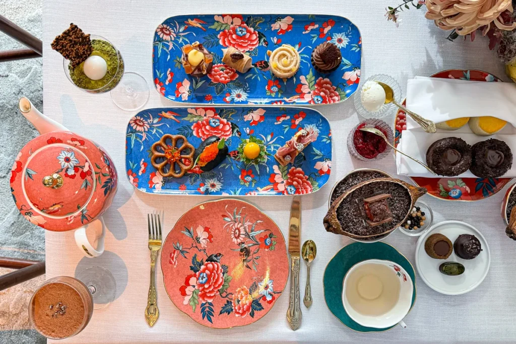 Capella Bangkok's colorful afternoon tea set. Capella x Valrhona