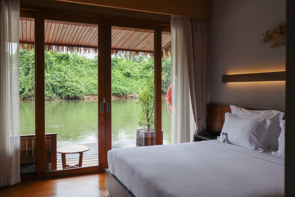 Inside a floating hotel room at Cherlynn, Kanchanaburi