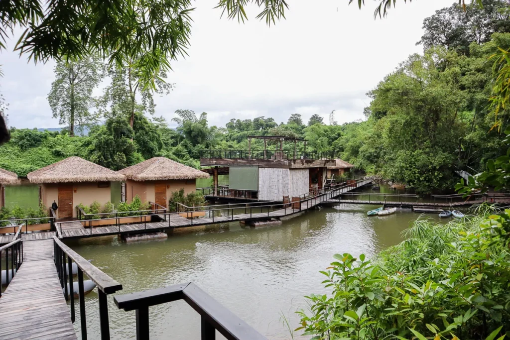 A bridge connecting the floating portion of a hotel to land.