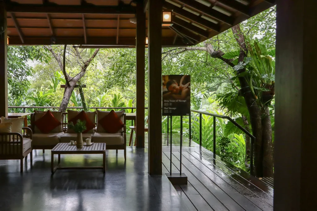 Cherlynn Resort Kanchanaburi lobby area, open-air forest theme.