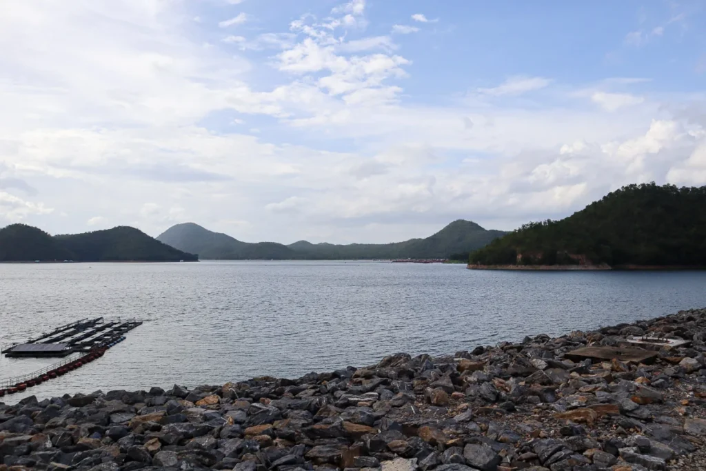 The open view of Srinakarin Dam and the surrounding mountains.