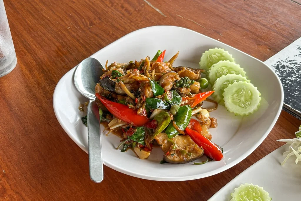Pad Cha Pla Kang, a popular catfish dish in Kanchanaburi