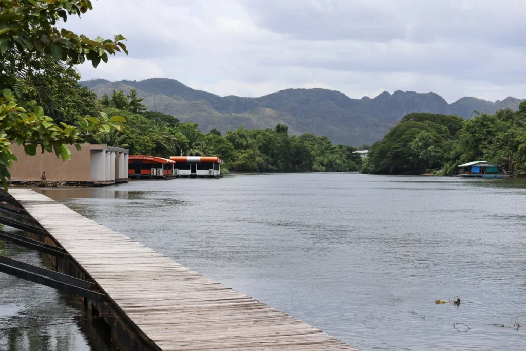 A floating platform on river kwai, walk along the river with mountain view