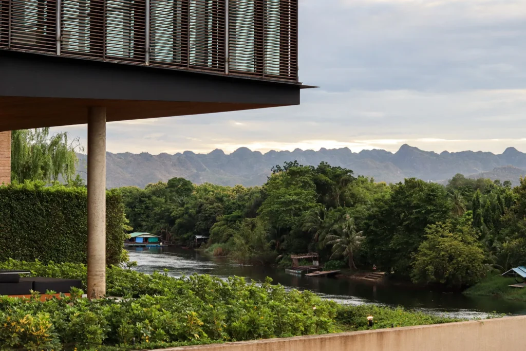 Tara Villa Kanchanaburi, looking over the river and the mountain range behind.