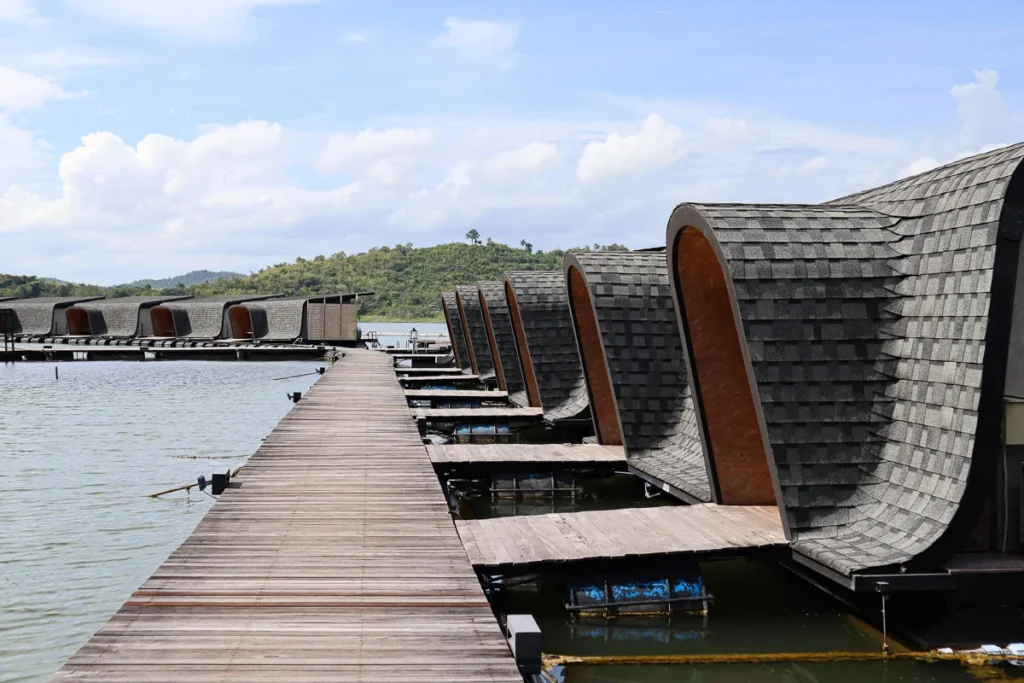 The continuous architecture reminding us of a mountain, exterior of the floating hotel rooms at Z9 Kanchanaburi.
